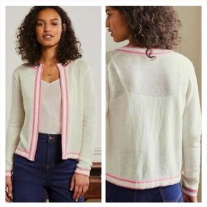 Boden White Linen Cardigan with Pink Trim